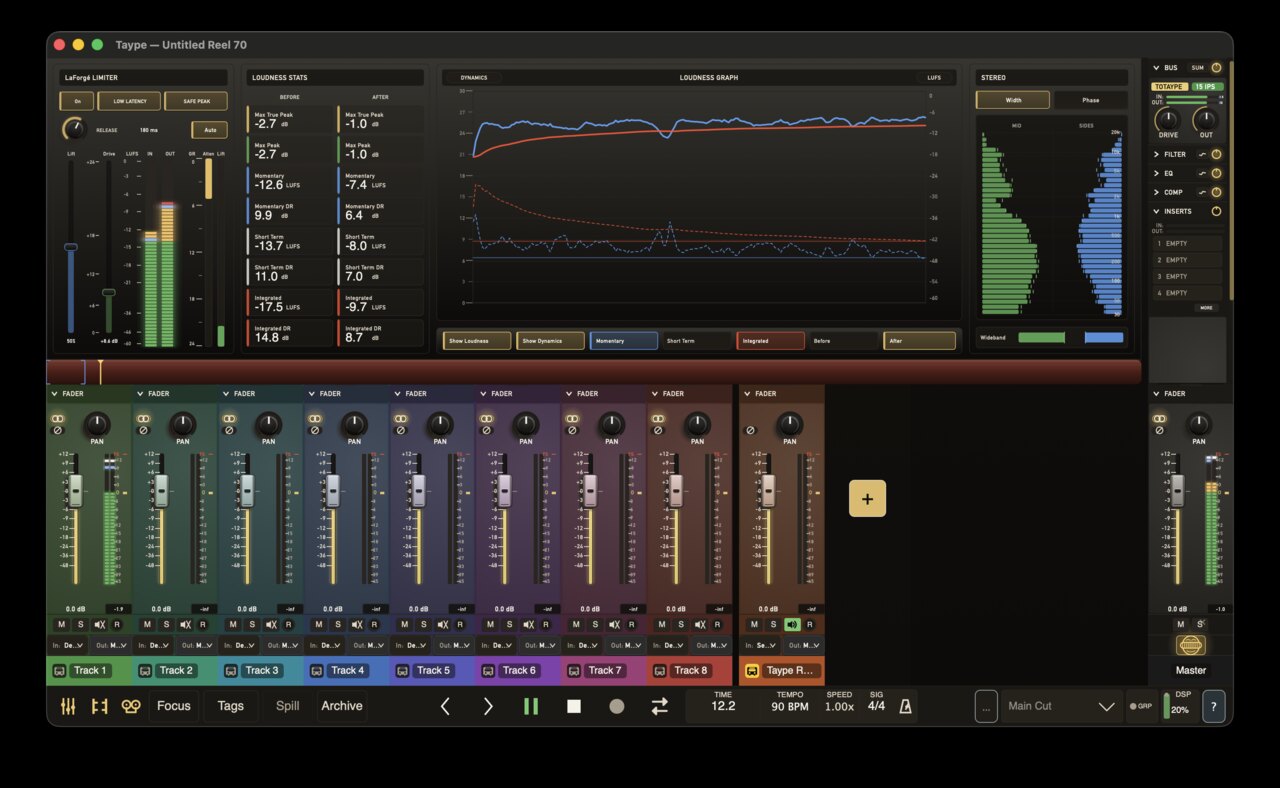 TayPE LaForgé mastering view - limiter, loudness statistics, loudness graph, stereo tools, mixer channels, and master bus