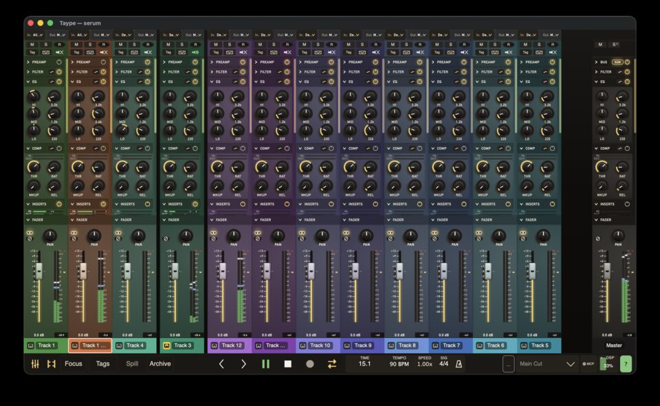 TayPE mixer — multi-track channel strips with modelled preamps, EQ, compressor, inserts, and faders