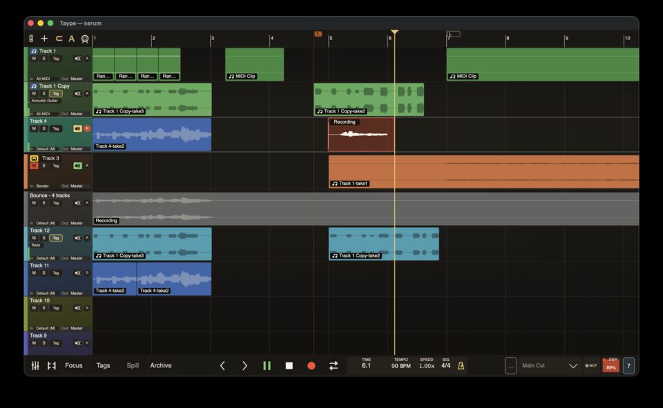 TayPE arranger — clips arranged across tracks with track headers and transport controls