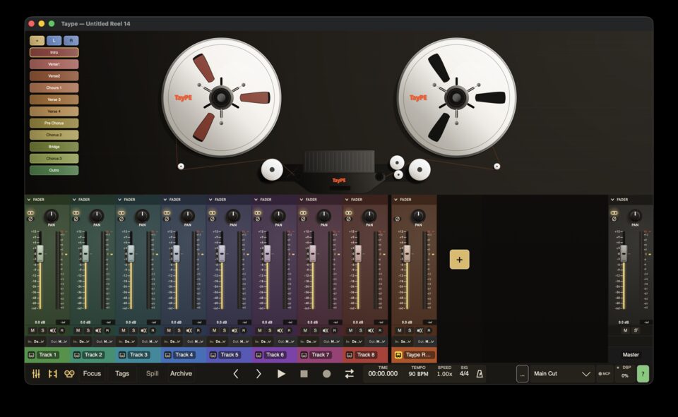 TayPE tape machine — reel-to-reel tape transport above multitrack mixer channels